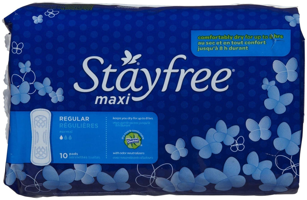 Stayfree Maxi Pads Regular-10ct with Cottony Dry Cover for fast absorption and dry feel.