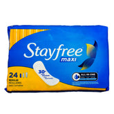 Stayfree regular maxi pad 24ct packaging front view for all-day protection.