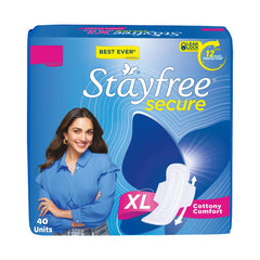 Stayfree Secure Extra Large pad closeup showing cottony-soft cover and winged design
