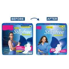 Stayfree Secure Extra Large pad with wings laid flat to display full coverage area