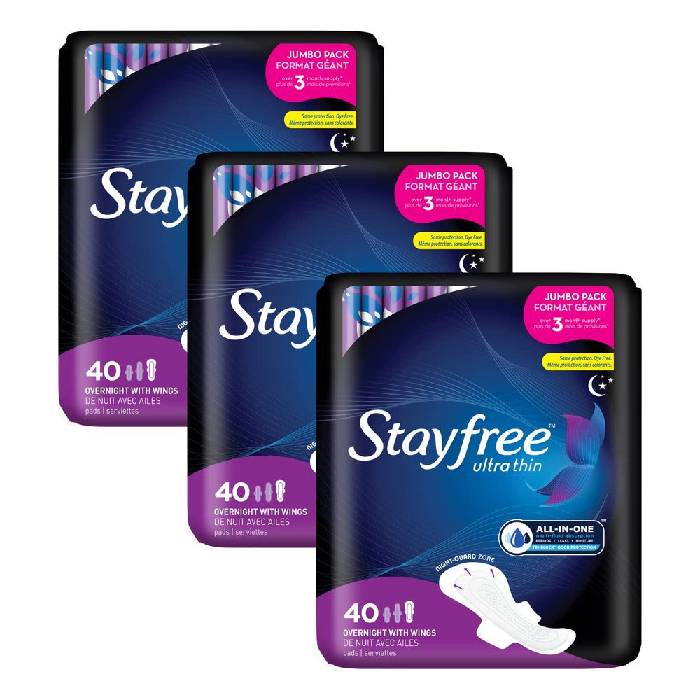 Stayfree Ultra Thin Overnight Pad with Wings showing full-night protection for heavy nights.