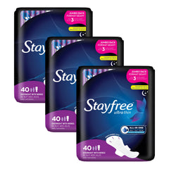 Stayfree Ultra Thin Overnight Pad with Wings showing full-night protection for heavy nights.