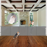 Stcockis reinforced 155-inch gate extended open for wide passage with pets and kids.