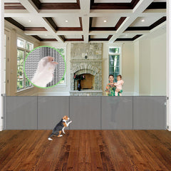 Stcockis reinforced 155-inch gate extended open for wide passage with pets and kids.