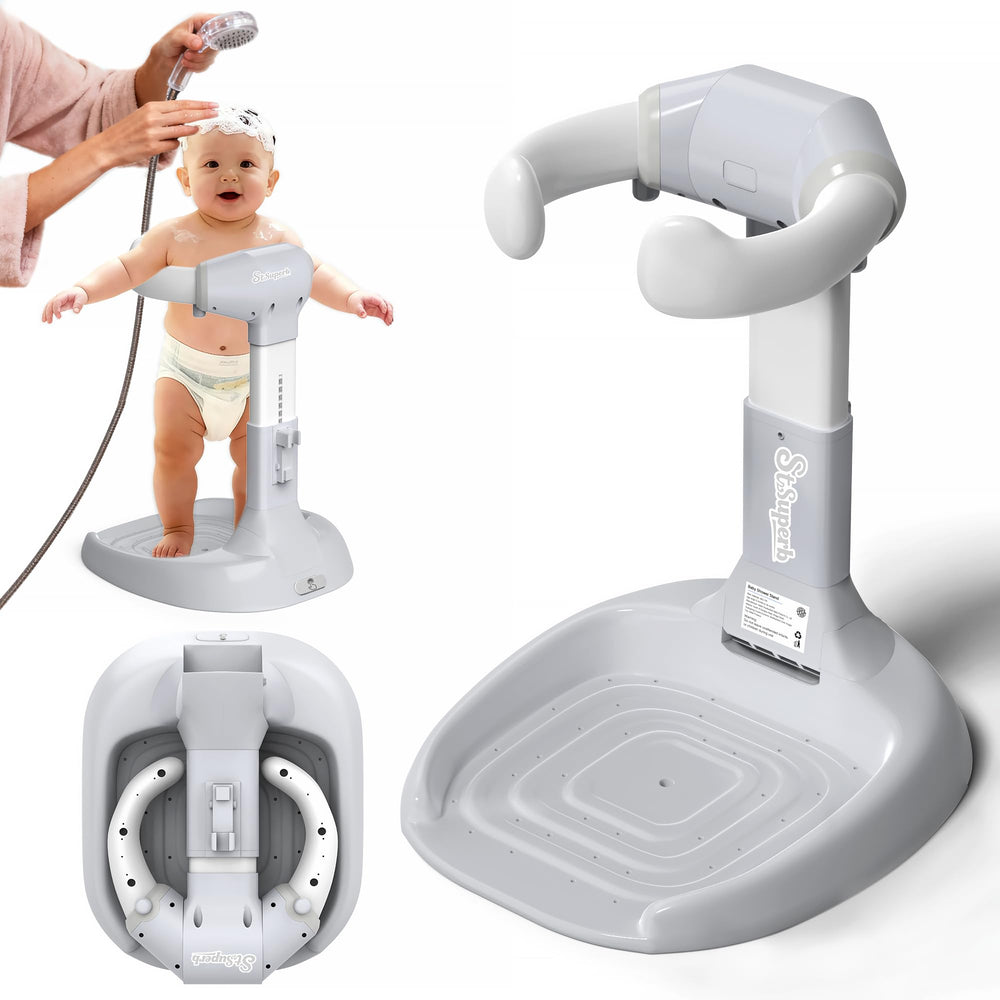 SteelSuperb foldable baby shower stand offers compact storage for small bathrooms.