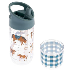 Stephen Joseph kids bottle includes detachable snack cup for mess-free snacks.