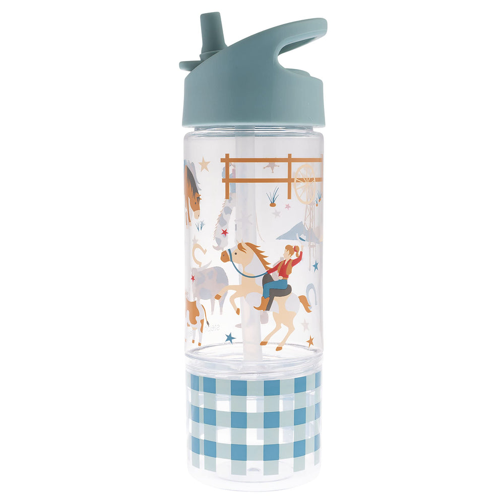 Stephen Joseph sip and snack bottle with flip-top lid for easy on-the-go snacking.