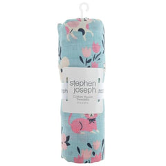 Stephen Joseph muslin swaddle blanket used as a stroller cover on the go