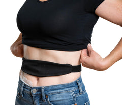 Stickman Dialysis Original Tuck-Away Belt front view shows discreet tubing concealment and freedom of movement