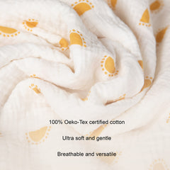 Sticky Toffee Muslin Swaddle used as stroller cover on sunny day.