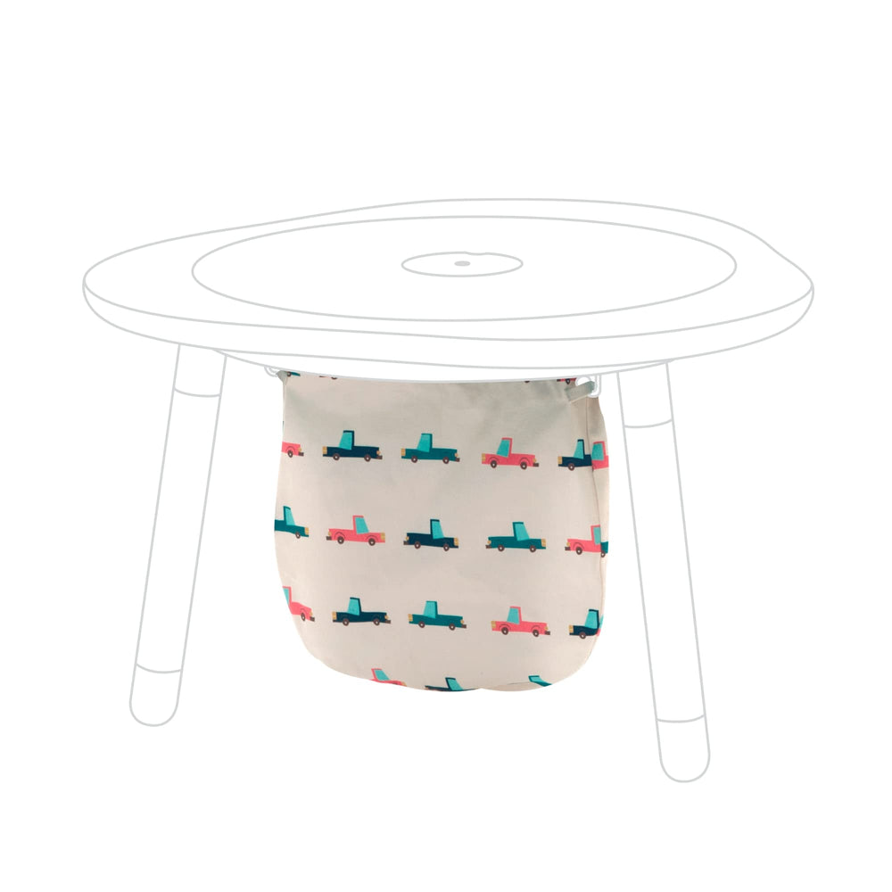 Stokke MuTable Cotton Bag with Cars motif close-up for tidy toy storage.