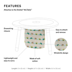 Stokke MuTable windmills bag with drawstring closure enables quick toy cleanup.