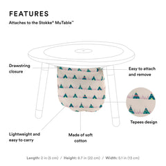 Stokke MuTable bag attached under the table for easy cleanup