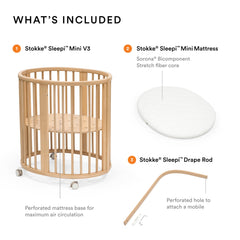 Stokke Sleepi Mini Bundle V3 natural drape rod demonstrates canopy setup for cozy nursery ambience.