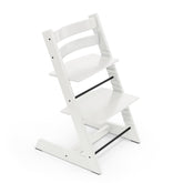 Stokke Tripp Trapp chair white front view showing compact design for table seating.