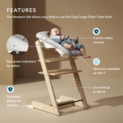Stokke Tripp Trapp Newborn Set grey harness ensures secure seating from birth.