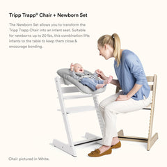 Stokke Tripp Trapp Newborn Set harness indicators confirm proper mounting.