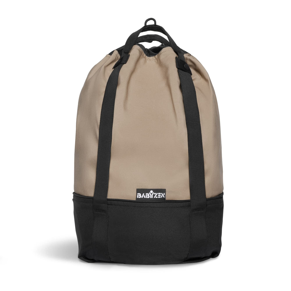 Stokke Yoyo bag taupe with wheel base attached for easy on-the-go storage.