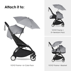 Stokke Yoyo Parasol Stone demonstrates compatibility with YOYO2 and YOYO3 strollers.