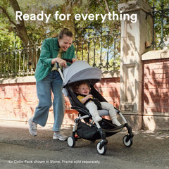 Stokke YOYO 6+ Toffee extendable canopy protects baby from sun during walks
