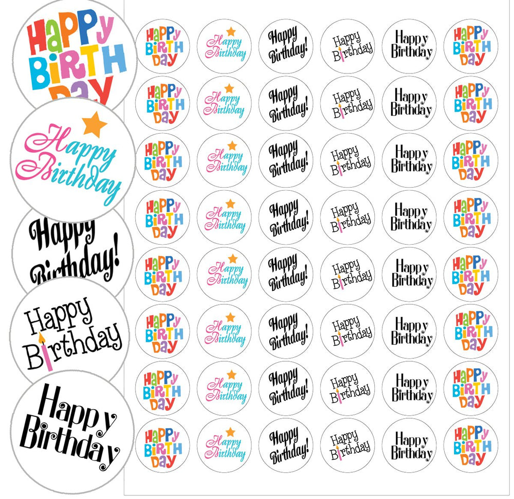 Stonehouse Collection Happy Birthday envelope seals close-up showing 1-2 inch self-adhesive design.