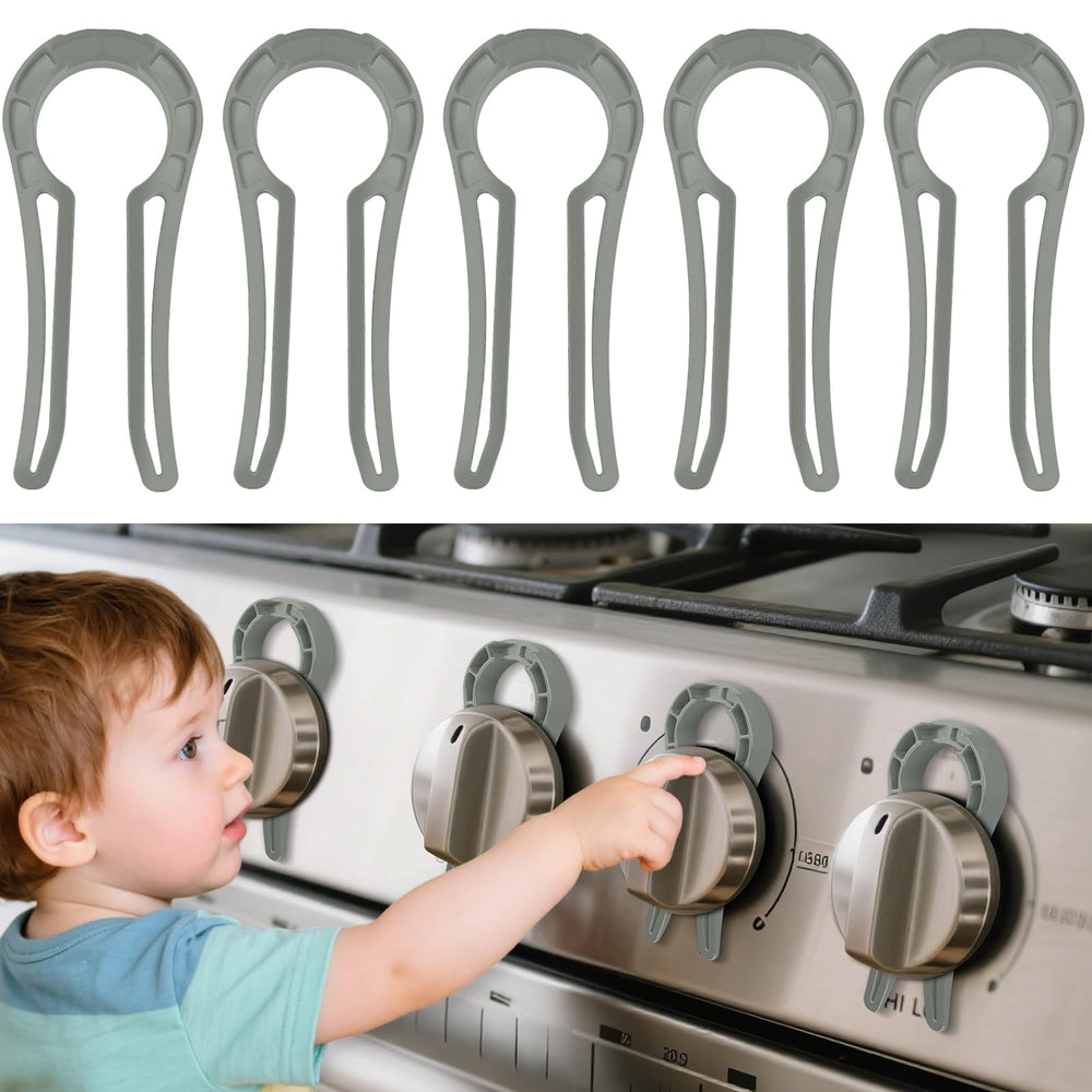 Stove Stoppaz gas stove knob locks 5-pack grey protect kids and pets from accidental stove use.