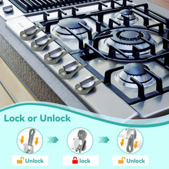 Stove Stoppaz knob locks installed on stove demonstrate quick, tool-free installation for safer kitchen.