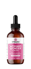 Strauss Heartdrops Woman's Wonder Drops bottle with natural herbal blend for menstrual support.