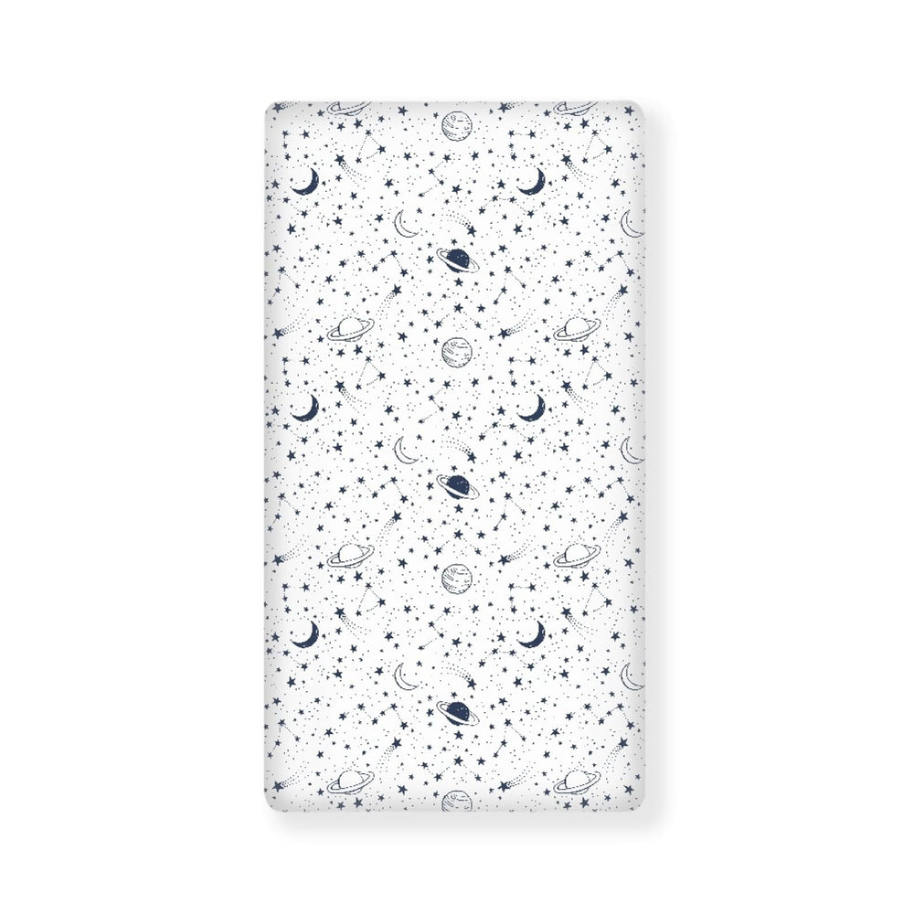 Streeyiu Stars Planets crib sheet closeup shows soft polyester fabric for baby comfort.