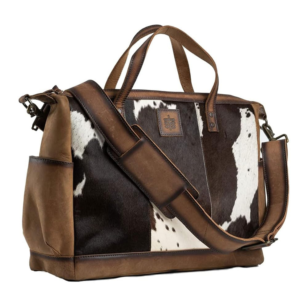 STS Ranchwear cowhide diaper bag front view with secure top zipper for busy days