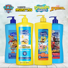 Suave Kids Minions Tear-Free bottle features gentle cleansing for sensitive skin.
