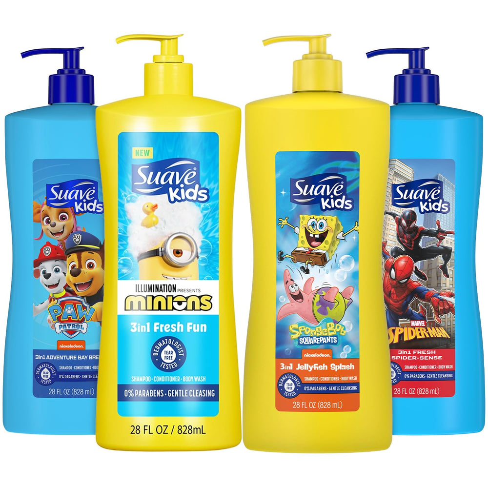 Suave Kids 3-in-1 Spiderman Sense bottle, colorful design supports easy bath time.
