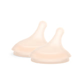 Suavinex Zero.Zero Dense Flow nipple close-up showing asymmetrical design for smoother breast-to-bottle transition.