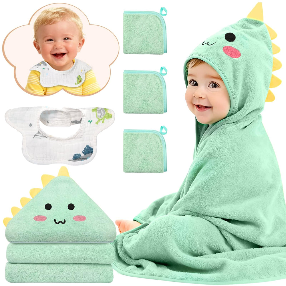 Sublaga baby hooded towel with dinosaur design wraps baby warmly after bath.