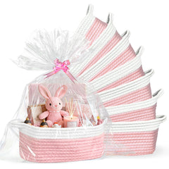 Succwoah small pink woven baskets with handles for organized storage.