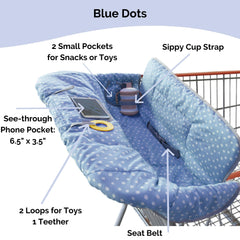 Suessie blue dots high chair cover installed for clean meals away from crowds