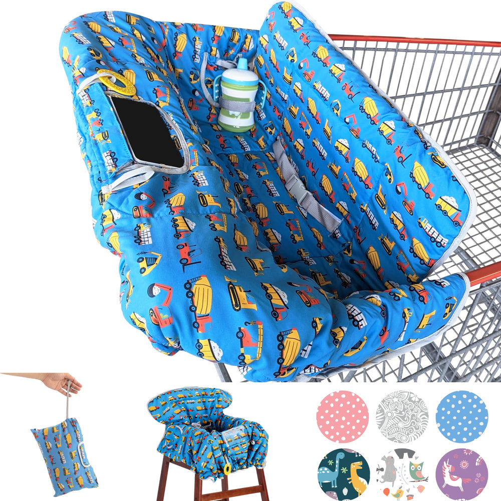 Suessie construction cart cover in use to protect baby from dirty surfaces.