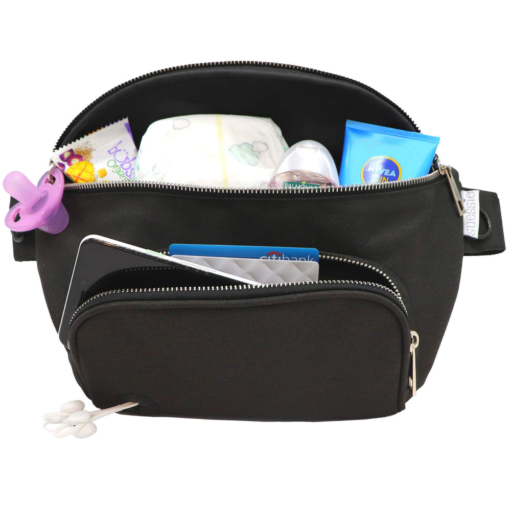 Suessie fanny pack diaper bag front view, compact and easy to grab on busy days.