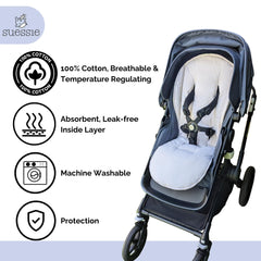 Suessie stroller liner on stroller seat shows universal fit for 3-4 wheel strollers.