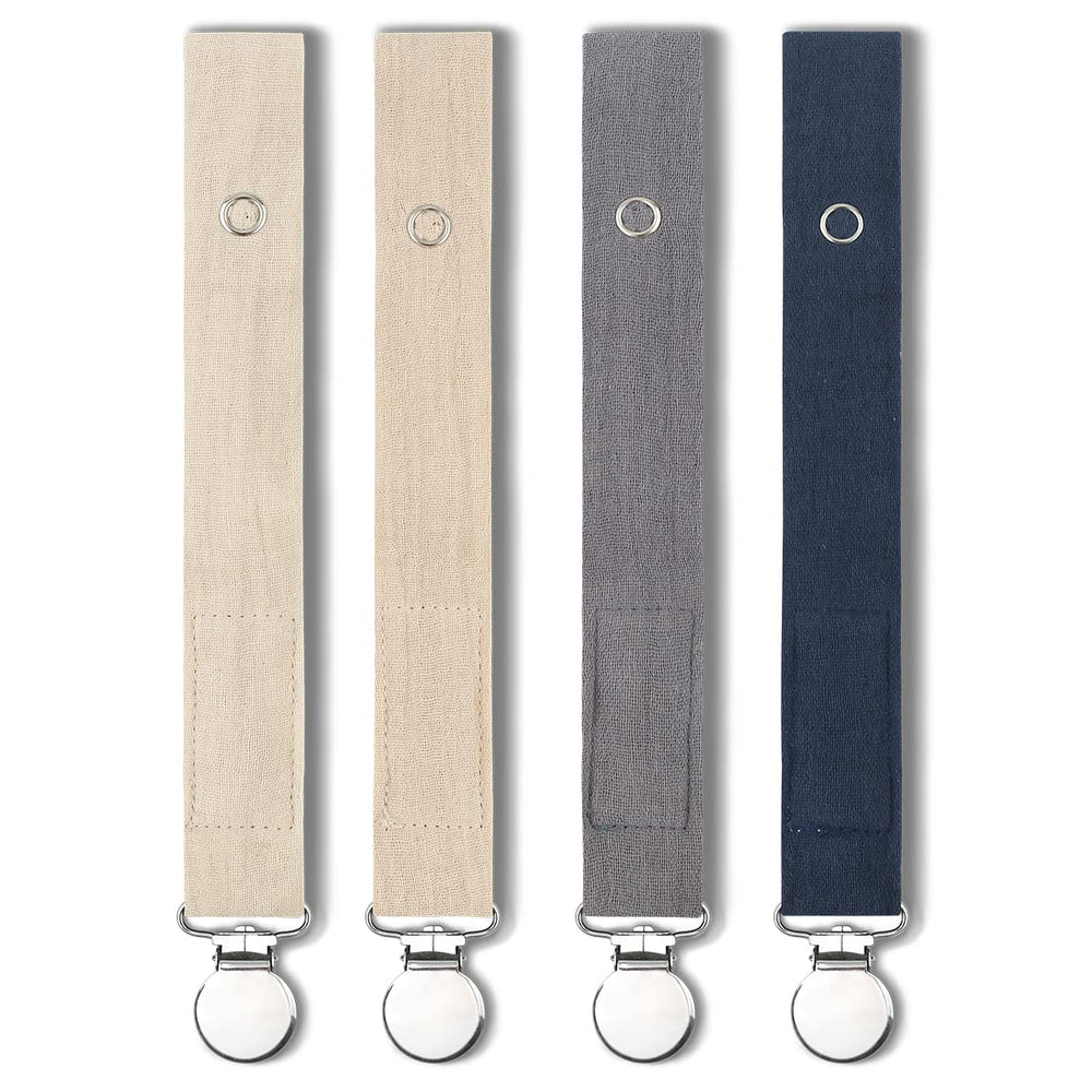 Sugee baby pacifier clip in beige soft linen keeps pacifier secure on clothing.