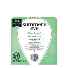 Summer's Eve Aloe Love wipes pack back with free-from dyes and parabens note.
