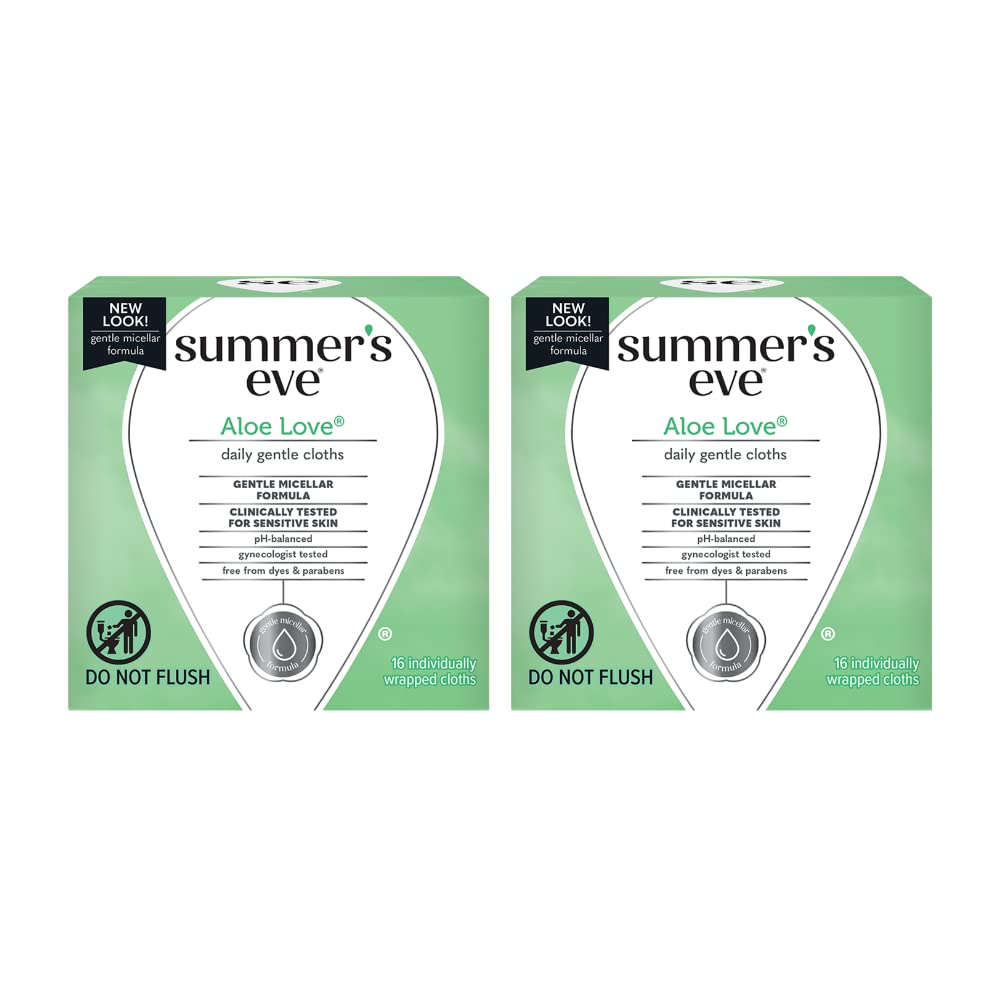 Summer's Eve Aloe Love wipes pack front showing two-count box for daily freshness.