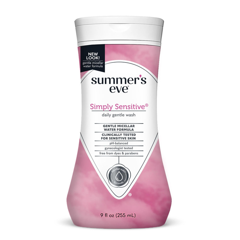 Summer's Eve Simply Sensitive daily wash bottle for gentle cleansing on sensitive skin.