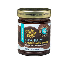 SUNDAY NIGHT Sea Salt Chocolate Sauce jar showcases gluten-free indulgence at home.