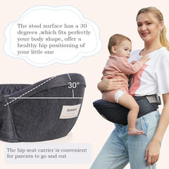 Sunnors hip baby seat back view emphasizes secure waistband and buckle stability
