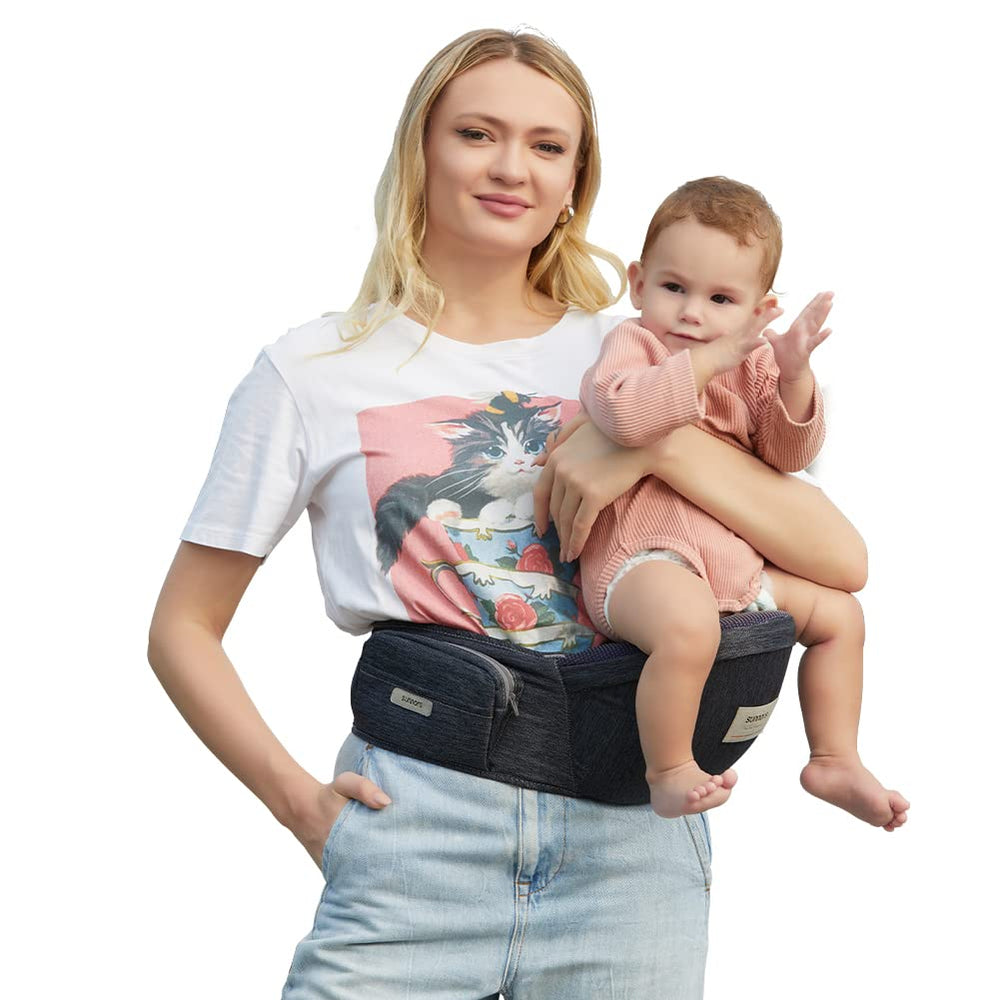 Sunnors hip baby seat front view shows ergonomic support for growing infants