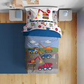 Sunny Side Up construction zone comforter closeup showing soft microfiber for cozy nights