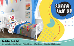 Sunny Side Up construction zone fitted sheet highlighting breathable fabric and fit