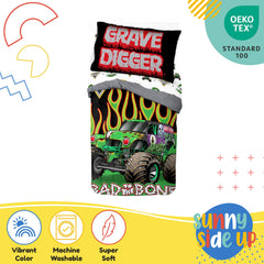 Sunny Side Up standard pillowcase shows Grave Digger art for kid-friendly bedside.