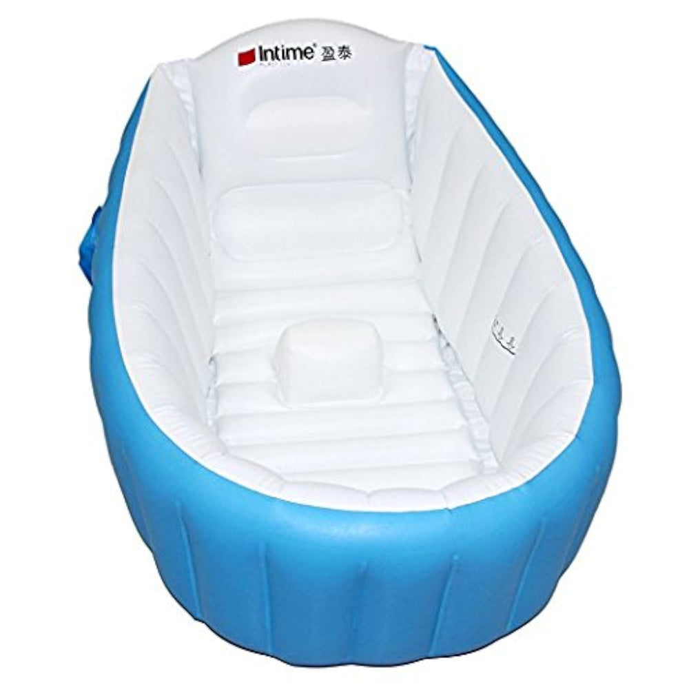 SuperLi inflatable baby bathtub blue full view with textured bottom for safety.
